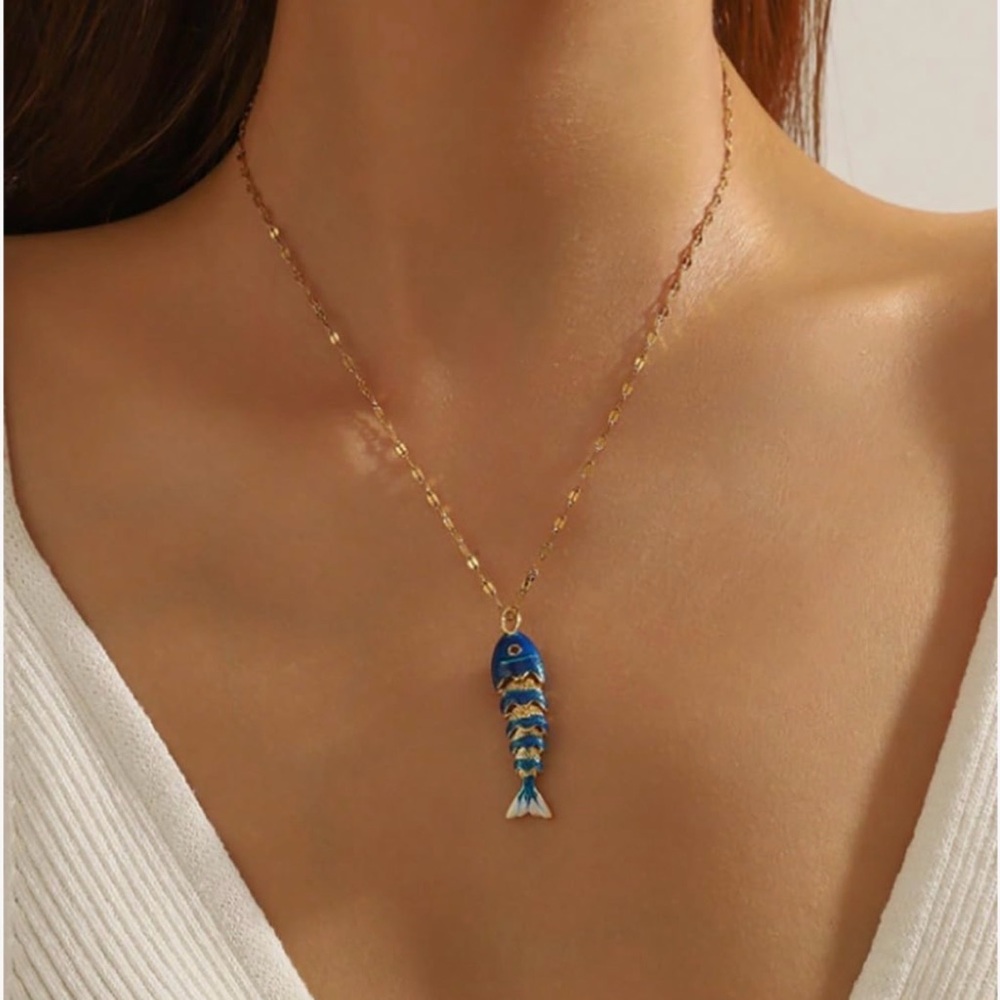 Anthropologie Gold and White Enamel Fish Pendant Necklace with Blue Accent - Picture 4 of 4